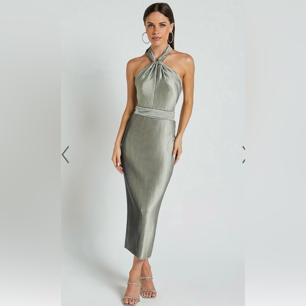 Pleated open back halter midi dress